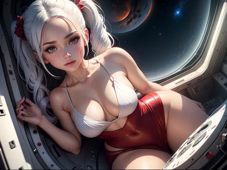 Masterpiece, High quality, hcnone, 1girll, White hair, pony tails, Red slip dress, Cosmic background outside the porthole of a spaceship, Warm gaze, Solar eclipse background