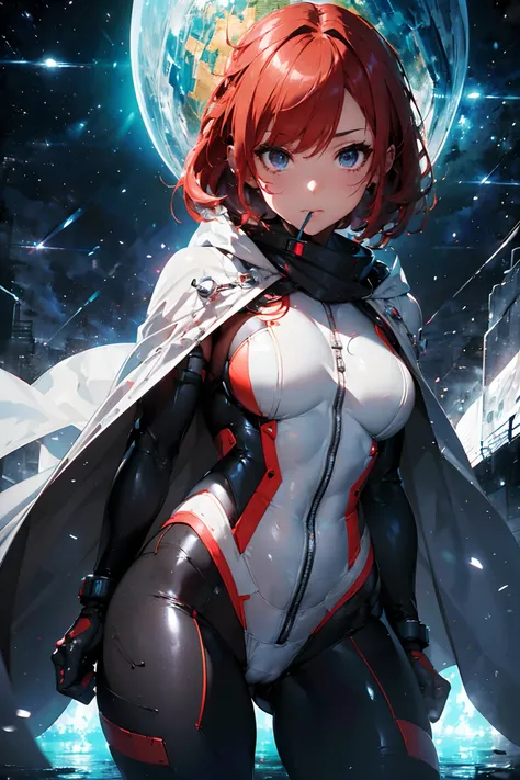 (masterpiece), best quality, hyperrealistic masterpiece, superheroine girl (((mech sci-fi aesthetic style in extremely detailed tech tight plugsuit, blazepunk style))) ((with high scarf to the mouth & white cape)), cinematic illumination: 8k, (((short redh...