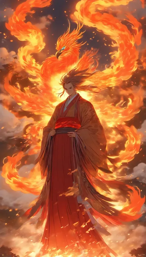 China-style，中景 the scene is，The Taoist priest stood in front of the huge firebird with spread wings，massive wings，Stretch your hands，Long messy hair，Glow effects，Hyper-realistic，Ultra photo realsisim，Chinese ink style，firey，rot，Smudge，Clouds，8K，super-fine，...