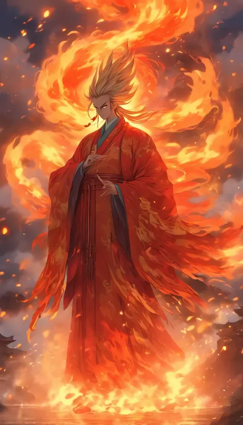 China-style，中景 the scene is，The Taoist priest stood in front of the huge firebird with spread wings，massive wings，Stretch your hands，Long messy hair，Glow effects，Hyper-realistic，Ultra photo realsisim，Chinese ink style，firey，rot，Smudge，Clouds，8K，super-fine，...