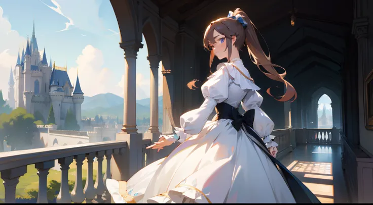 A prince，Handsome and handsome，brunette color hair，eBlue eyes，Manteau blanc，long whitr hair，pony tails，Stand on the balcony of the castle，Western fantasy，Fairytales，Works of masters，A high resolution，Exquisite facial features