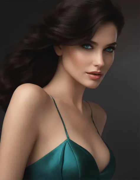 magazine cover,moda, side chest, (Sleeveless:1.2), cleavage_cutout,bare back,from on the side,green-blue eyes, Sophisticated appearance, Princess, dark colored hair, Broad face, Young beautiful girl baby face standing in full height