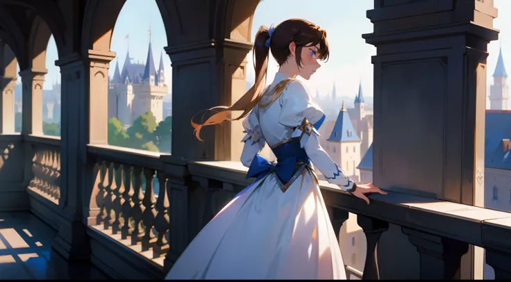 A prince，Handsome and handsome，brunette color hair，eBlue eyes，Manteau blanc，pony tails，Stand on the balcony of the castle，Western fantasy，Fairytales，Works of masters，A high resolution，Exquisite facial features