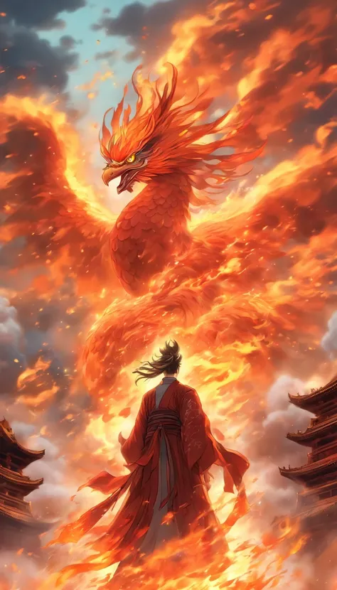 China-style，中景 the scene is，The Taoist priest stood in front of the huge firebird with spread wings，massive wings，Stretch your hands，Long messy hair，Glow effects，Hyper-realistic，Ultra photo realsisim，Chinese ink style，firey，rot，Smudge，Clouds，8K，super-fine，...