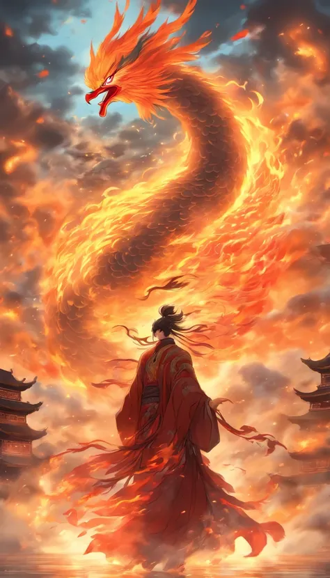 China-style，中景 the scene is，The Taoist priest stood in front of the huge firebird with spread wings，massive wings，Stretch your hands，Long messy hair，Glow effects，Hyper-realistic，Ultra photo realsisim，Chinese ink style，firey，rot，Smudge，Clouds，8K，super-fine，...