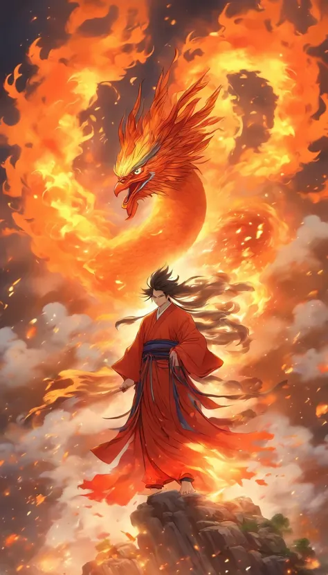 China-style，中景 the scene is，The Taoist priest stood in front of the huge firebird with spread wings，massive wings，Stretch your hands，Long messy hair，Glow effects，Hyper-realistic，Ultra photo realsisim，Chinese ink style，firey，rot，Smudge，Clouds，8K，super-fine，...