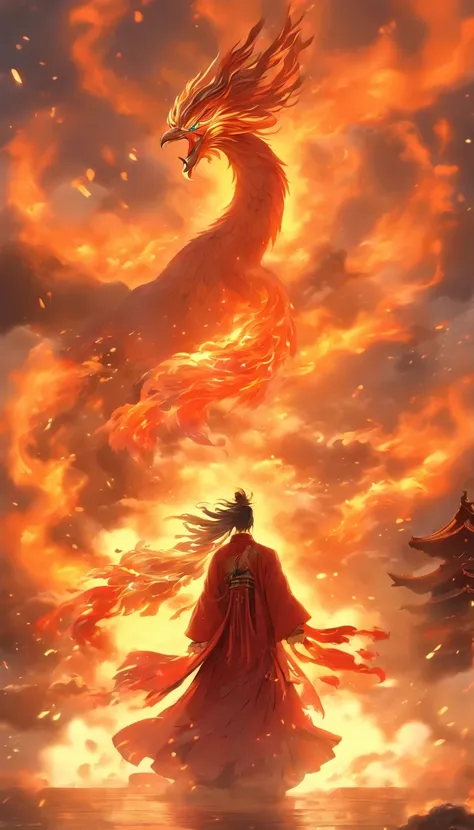 China-style，中景 the scene is，The Taoist priest stood in front of the huge firebird with spread wings，massive wings，Stretch your hands，Long messy hair，Glow effects，Hyper-realistic，Ultra photo realsisim，Chinese ink style，firey，rot，Smudge，Clouds，8K，super-fine，...