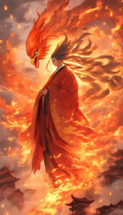 China-style，中景 the scene is，The Taoist priest stood in front of the huge firebird with spread wings，massive wings，Stretch your hands，Long messy hair，Glow effects，Hyper-realistic，Ultra photo realsisim，Chinese ink style，firey，rot，Smudge，Clouds，8K，super-fine，...