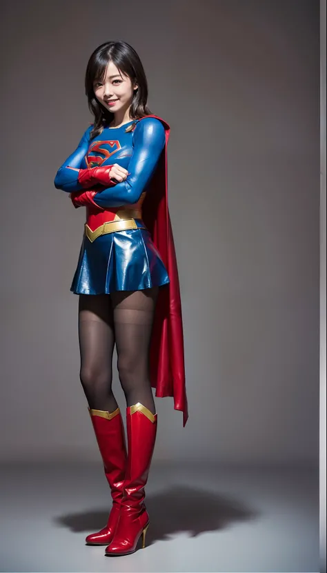 Arms crossed、(((Make the most of the original image)))、(((Supergirl Costume)))、(((shiny short hair)))、(((Suffering)))、(((Feet must necessarily be worn with black tights)))、(((Smile)))、(((You need to wear red boots)))、((Top image quality、8K))、((top-quality、...