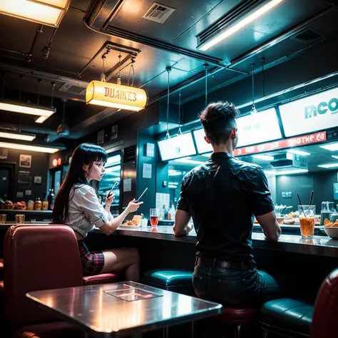 best quality ,  a diner with a car and neon lights ,   , neon light