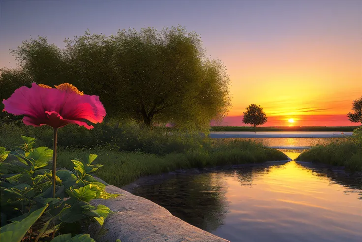 coucher du soleil, Eau, fleur hibiscus, la pus belle oeuve du monde, very realistic, high-definition, ruisseau