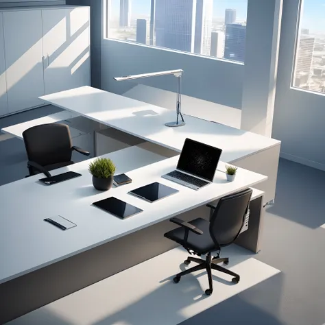 tmasterpiece，office space，Office desk，NOhumans，Bright space，（above shot:1.5），（Hyper-realistic:1.3）