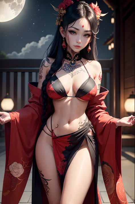 rage、Confusion state、Beautiful moon、Perfect Moon、Perfect starry sky, gts, High Details, The ultra-detailliert, Ultra-fine detail painting,(full bodyesbian)、Asian super beautiful woman in Oiran costume(Face like the real thing)　Tattoos around the eyes、 (One...