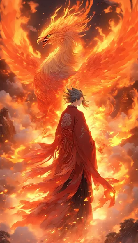 China-style，中景 the scene is，The Taoist priest stood in front of the huge firebird with spread wings，massive wings，Stretch your hands，Long messy hair，Glow effects，Hyper-realistic，Ultra photo realsisim，Chinese ink style，firey，rot，Smudge，Clouds，8K，super-fine，...