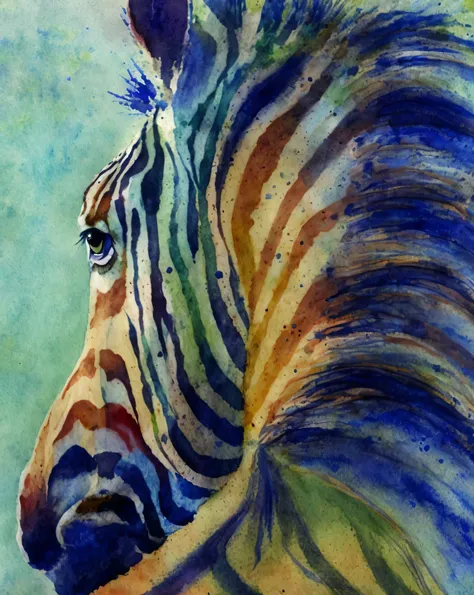 pintura de uma zebra com um fundo azul e verde, zebra, pintado em aquarelas brilhantes, Beautiful, Watercolors and acrylics, on beyond zebra, pintura animal, arte waterpaint, Aquarela vibrante, watercolor artwork of exotic, Me, Aquarela intensa, inclinando...