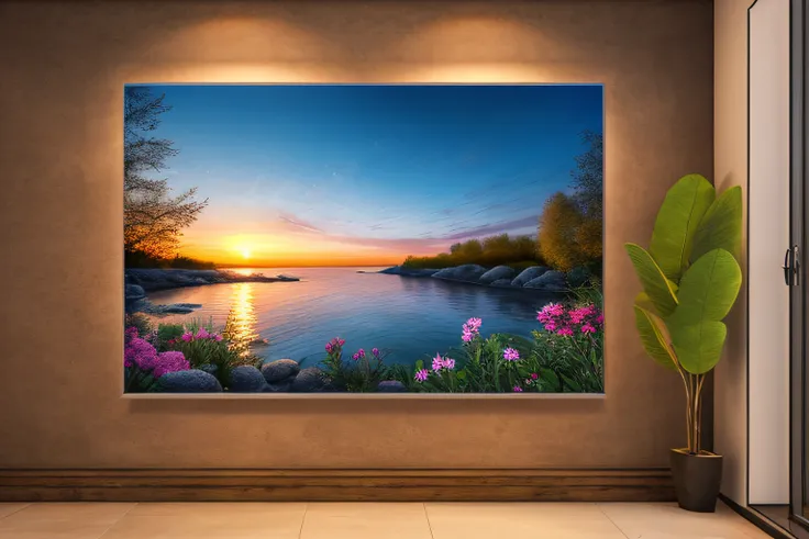 coucher du soleil, Eau, fleur hibiscus, la pus belle oeuve du monde, very realistic, high-definition, ruisseau