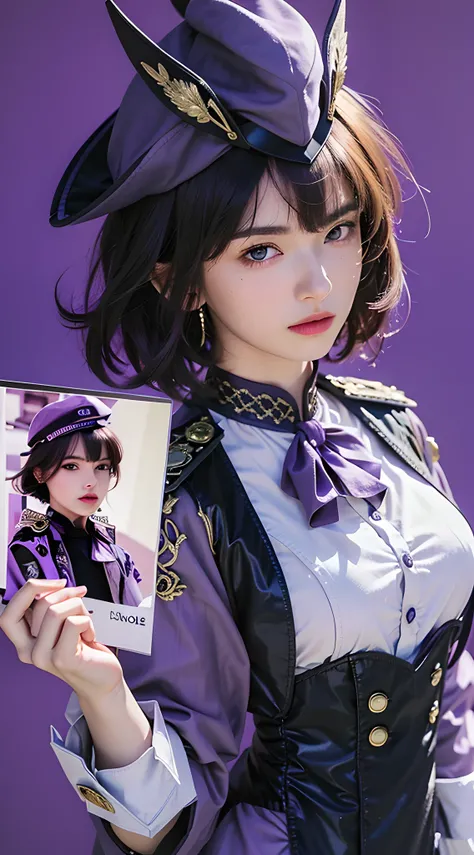 (photorealistic:1.4), best quality, masterpiece, ultra high res, 1girl, (detailed face:1.2), (detailed eyes:1.2), (detailed hair:1.2), (detailed clothes:1.2), 4k, (detailed color:1.2), perfect finger, (purple short hair:1.2, (light purple eyes:1.2), hat,