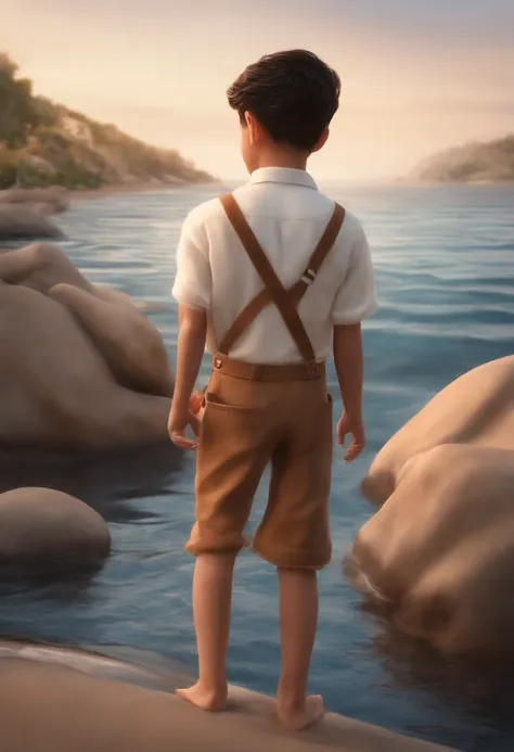 qualidade de imagem do filme，Disney Animation Style，A boy swims in the sea with a koi in his arms，cabelo curto e detalhado，Denim suspenders，Bare feet，profundidade de campos，Luz alta，luz real，Traching de raias，oc renderizado，hyper-realistic，melhor qualidade...