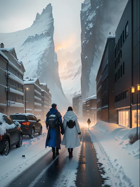 People walk on the snowy road in front of tall buildings, sci-fi of iceland landscape, epic cinematic matte painting, inspired by jessica rossier, jessica rossier fantasy art, by jessica rossier, 8k matte painting, 8 k matte painting, sci - fi film still, ...