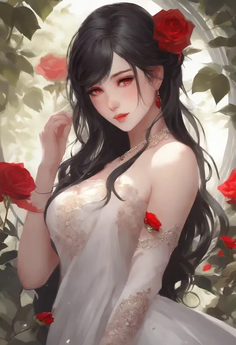 Anime girl with long black hair and a white dress with red roses, tattoo, detailed beautiful eyes, Guweiz, Guweiz auf Pixiv ArtStation, Detaillierte digitale Anime-Kunst, beautiful anime girl, Guweiz auf ArtStation Pixiv, Anime-Stil 4 K, Kawacy, beautiful ...