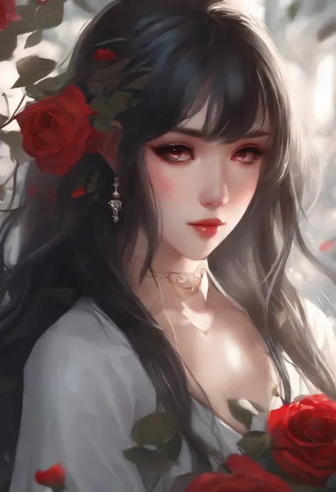 Anime girl with long black hair and a white dress with red roses, tattoo, detailed beautiful eyes, Guweiz, Guweiz auf Pixiv ArtStation, Detaillierte digitale Anime-Kunst, beautiful anime girl, Guweiz auf ArtStation Pixiv, Anime-Stil 4 K, Kawacy, beautiful ...