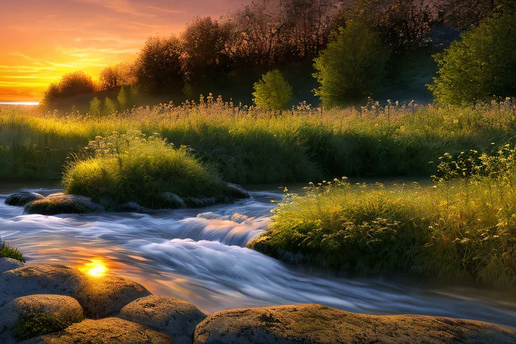 coucher du soleil, Eau, fleur, la pus belle oeuve du monde, very realistic, high-definition, ruisseau