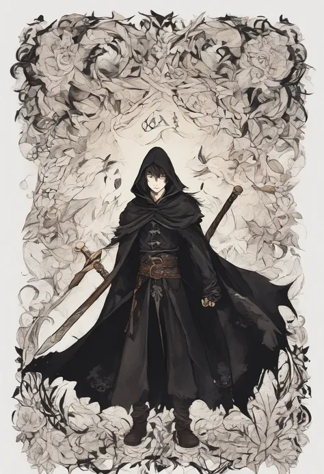 A boy wearing a black cloak, with spells written on his head, hands and neck, smiles sinisterly