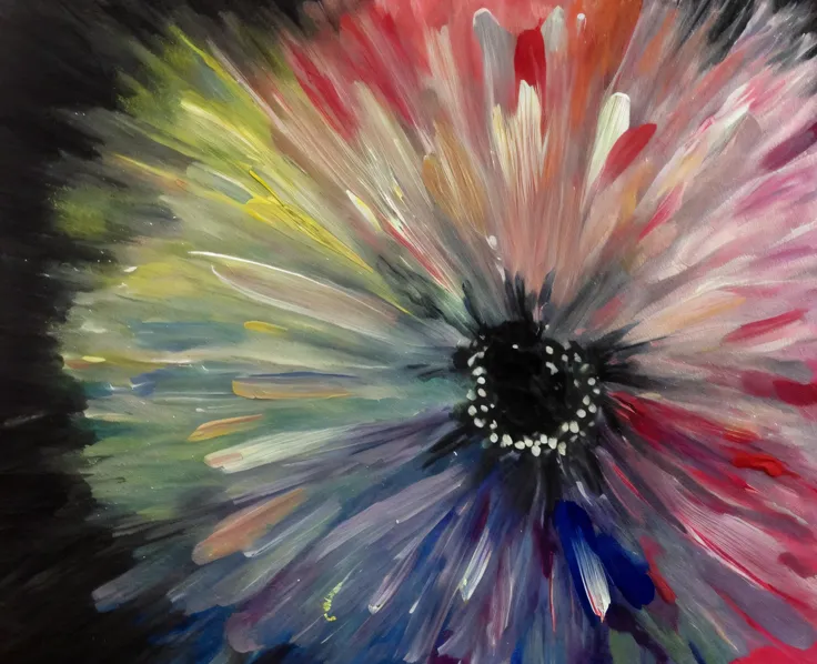 pintura de uma flor colorida com um centro preto, colorful explosion, inspirado em Ross Bleckner, explosion of flowers, pintura floral splash, representando uma flor, floral explosion, colorful explosion, rainbow gradient flowering, Color Explosion, inspir...