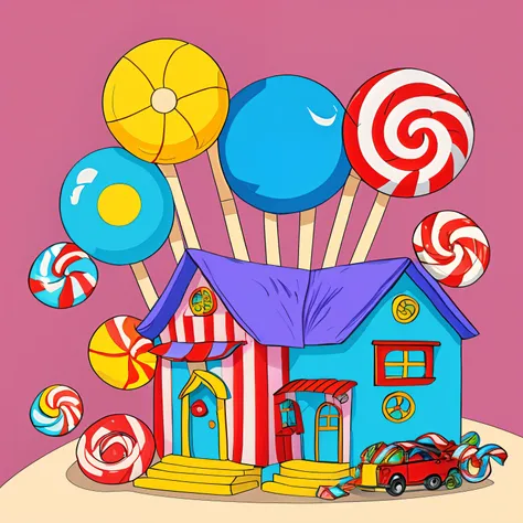 a house made of candies, like in a fairytale, cartoon style, cute, sweet, 8k, printable --auto