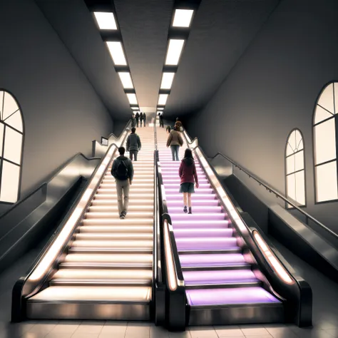 best quality ,  an escalator with a colorful light coming from the ceiling