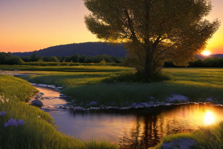 coucher du soleil, Eau, fleur, la pus belle oeuve du monde, very realistic, high-definition, ruisseau