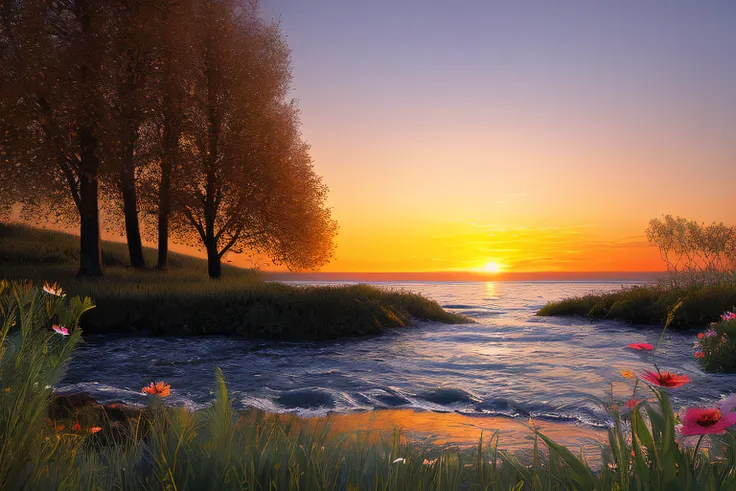 coucher du soleil, Eau, fleur, la pus belle oeuve du monde, very realistic, high-definition, ruisseau