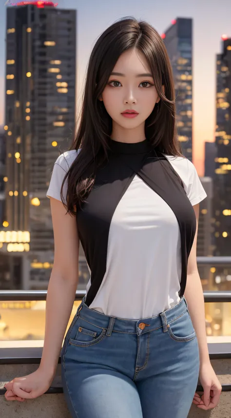 ((Midnight, Best quality, 8k, Masterpiece :1.3)), Whole body, Long legs, Sharp focus :1.2, A pretty woman with perfect figure :1.4, Slender abs :1.1, ((Dark brown hair, Big breasts :1.2)), (White tight tshirt, Jean bib, Standing:1.2), ((Night city view, Ro...