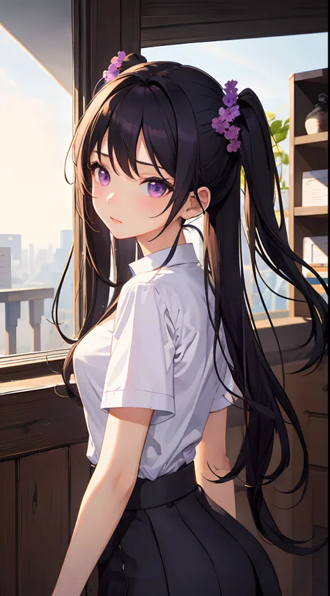 (best quality, masterpiece), wallpaper, 1girl, solo, quad tails, black hair, purple eyes,