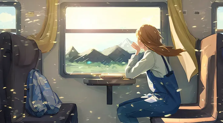 There was a woman sitting on a train looking out the window, looking at the mountains, Looking out the window, Relaxing concept art, near a window, ( ( Makoto Shinkai ) ), inspired by Makoto Shinkai, landscape artwork, looks out the window, looks out the w...