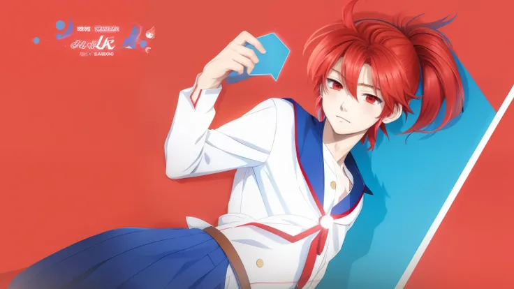 Anime boy with red hair, Anime boy in white sailor suit, Anime boy in blue skirt and blue collar poses in photo, Boy with red short ponytail hair, Boy with brown eyes, aya takano color style, Muscular men, High School Boys in Anime