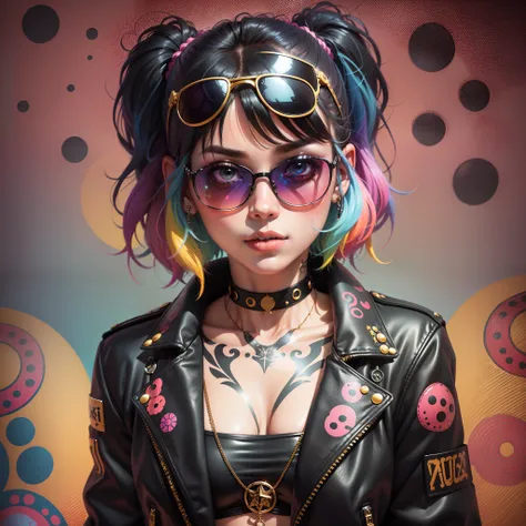 (1girll）wearing a choker，with tattoos, sunglasses, Black leather jacket,Psychedelic punk artist，Vivid colors, rim-light, trending on artstationh, Yayoi Kusamas pop art style, iintricate, High detail