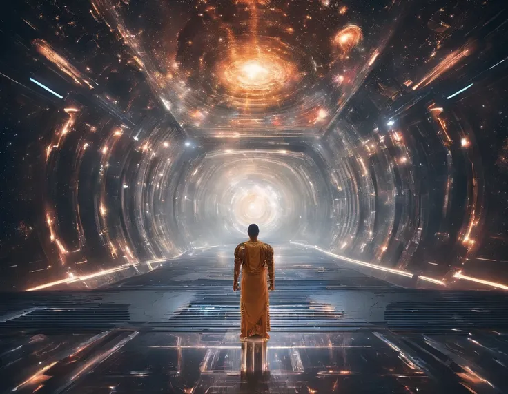 Interstellar，Endless space，The huge Maitreya Buddha statue rushed towards the huge space-time tunnel，ssee-through，depth of fields，((Masterpiece))，(Best quality))，Magnificent space image scene，surrealism, Super detail, ccurate, Best quality, hyper HD, Maste...