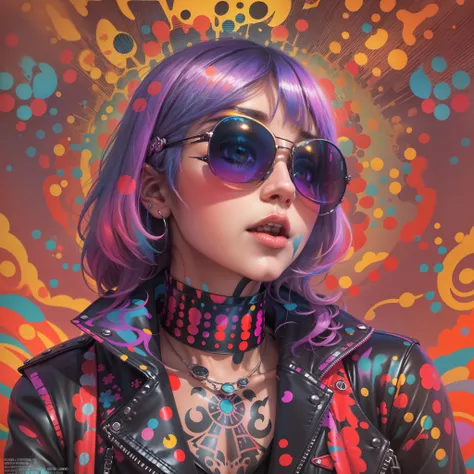 (1girll）wearing a choker，with tattoos, sunglasses, Black leather jacket,Psychedelic punk artist，Vivid colors, rim-light, trending on artstationh, Yayoi Kusamas pop art style, iintricate, High detail