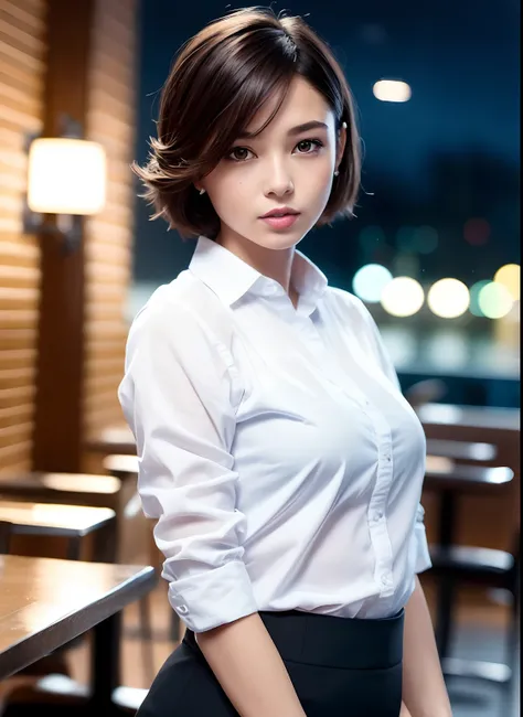 (8k, Best Quality, Masterpiece: 1.2), (Realistic, Photorealistic: 1.37), Super Detailed, 1 Girl, Cute, Alone, Beautiful Detailed Sky, Detailed Cafe, Night, Sitting, Date, ( Nose blush), (smile: 1.15), (close mouth) small breasts, beautiful details, (collar...