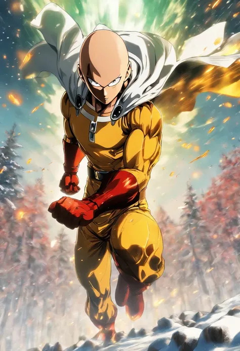 Saitama (one punch man) standing in a winter scenery