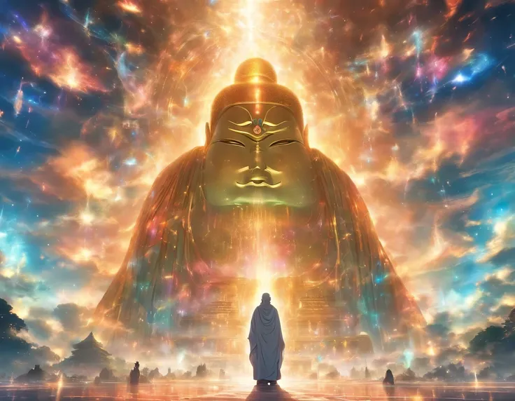 Interstellar，Endless space，The huge Maitreya Buddha statue rushed towards the huge space-time tunnel，ssee-through，depth of fields，((Masterpiece))，(Best quality))，Magnificent space image scene，surrealism, Super detail, ccurate, Best quality, hyper HD, Maste...