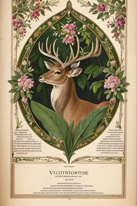 Vintage Victorian style　Precise botanical encyclopedia (best quality:1.2), (detailed:1.2), (masterpiece:1.2), vintage botanical illustrations of deer