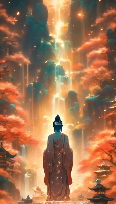 Im Porzellan-Stil，In der Ferne, Eine riesige, large Buddha statue stands in space，Blick auf die Erde，Stehende Buddha-Statue，mit leuchtendem Licht，Glow-Effekte，Pilger unterwegs，hyperrealistisch，Ultra-Foto-Realisim，Echte Photographie，8K，hight resolution，High...