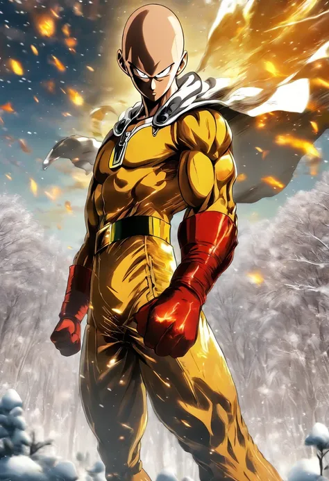 Saitama (one punch man) standing in a winter scenery