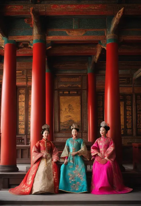 Ancient royal palace，Qing Dynasty court，Princesses in dresses，With a maid