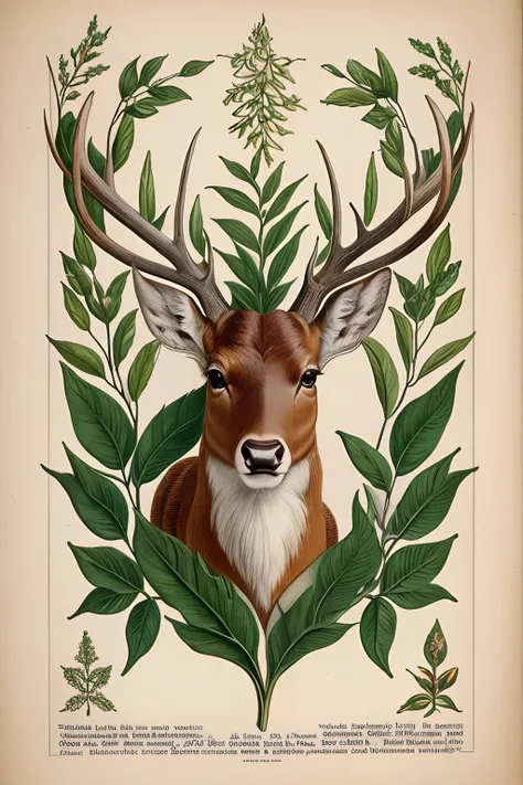 Vintage Victorian style　Precise botanical encyclopedia (best quality:1.2), (detailed:1.2), (masterpiece:1.2), vintage botanical illustrations of deer