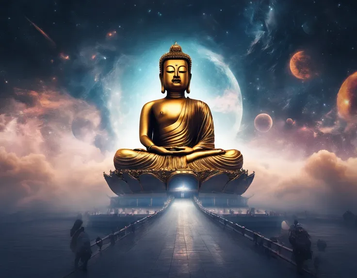 A huge golden Buddha statue rushed into the clouds，Pilgrims on the road，Light smile,China-style，In the distance, surrealism, stereograms, tachi-e, Atmospheric perspective, hyper photorealism, Cinematic lighting, god light, Super detail, ccurate, Best quali...