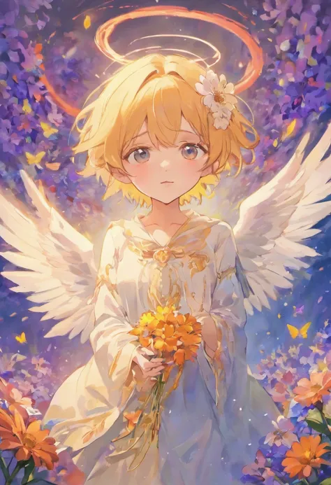 Anime handsome boy with white wings and halo in a flower field, beautiful angel, Angel handsome boy, Guviz-style artwork, Guweiz in Pixiv ArtStation, guweiz masterpiece, Portrait of a beautiful angel, beautiful fantasy anime, beautiful angel, full - body m...