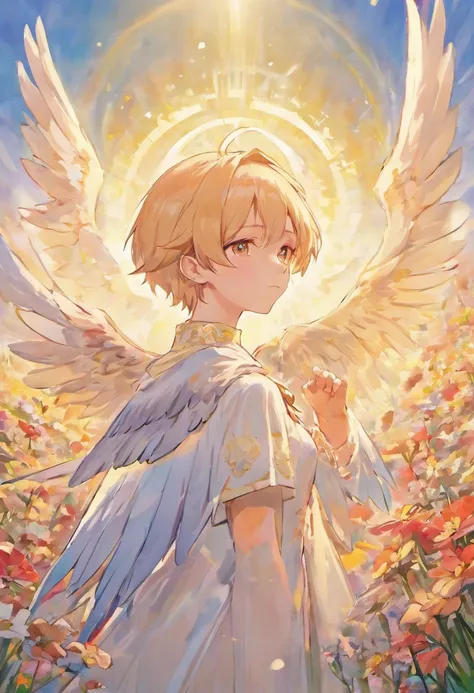 Anime handsome boy with white wings and halo in a flower field, beautiful angel, Angel handsome boy, Guviz-style artwork, Guweiz in Pixiv ArtStation, guweiz masterpiece, Portrait of a beautiful angel, beautiful fantasy anime, beautiful angel, full - body m...